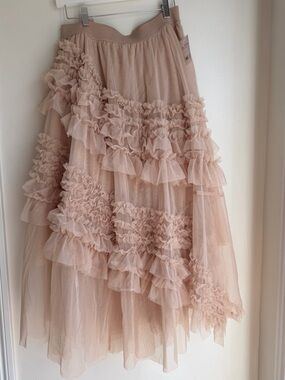 Lucky Brand Mesh Ruffle Midi Skirt Tan Women’s Size XL New Elastic Waist